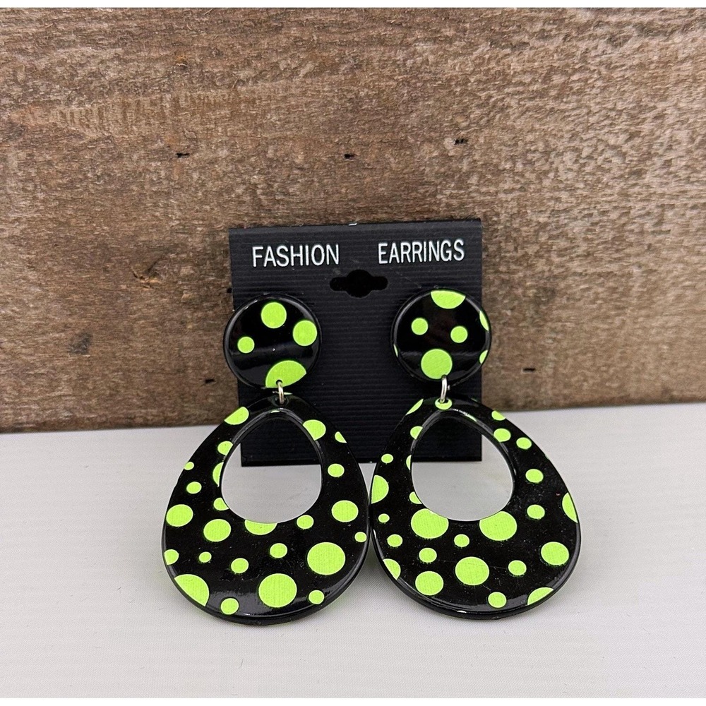 New 1980's Black & Neon Green Polka Dot Dangly Earrings